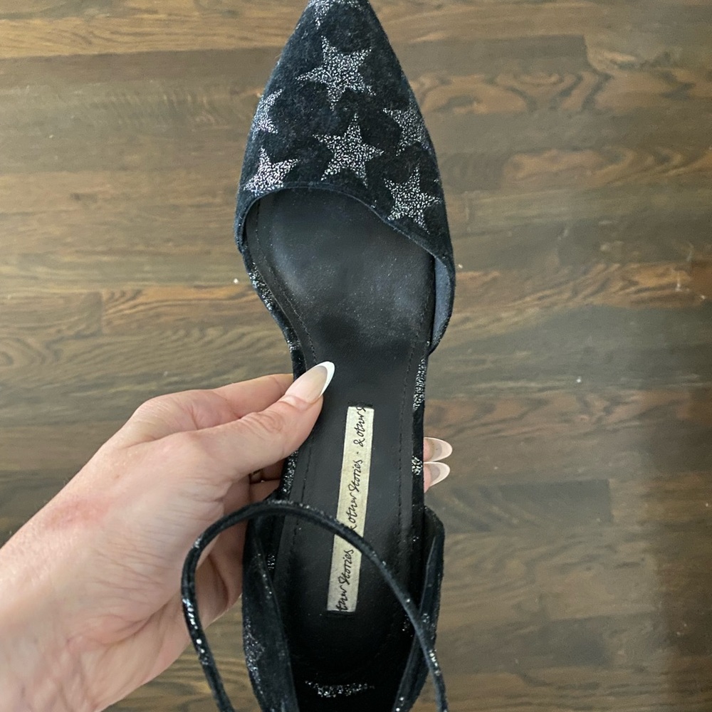 Black Suede D’Orsay Pump with Printed Stars and Ankle Strap - Picture 5 of 8